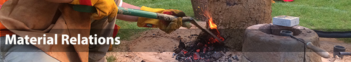 Research stream 3 banner Photo of smelting forge with overlaid text 'material relations'