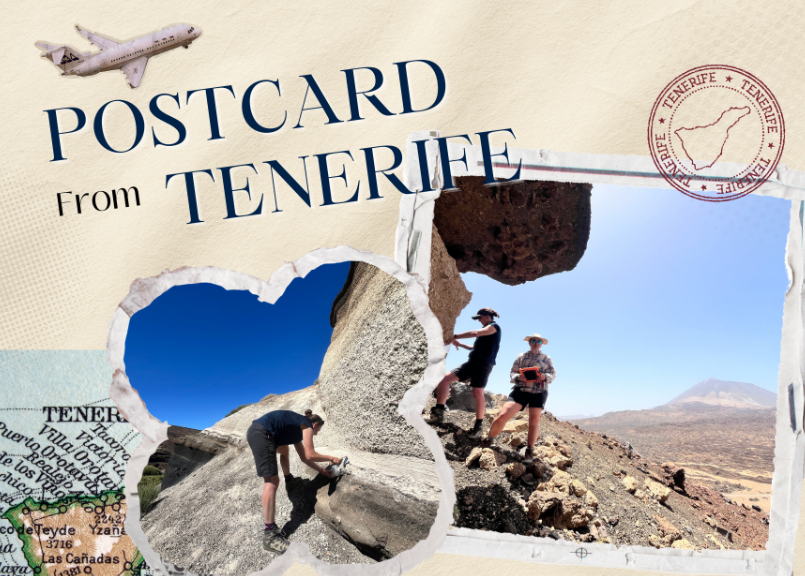 Vintage style postcard with text 'Postcard from Tenerife' and images of archaeologists on a hillside looking at rocks