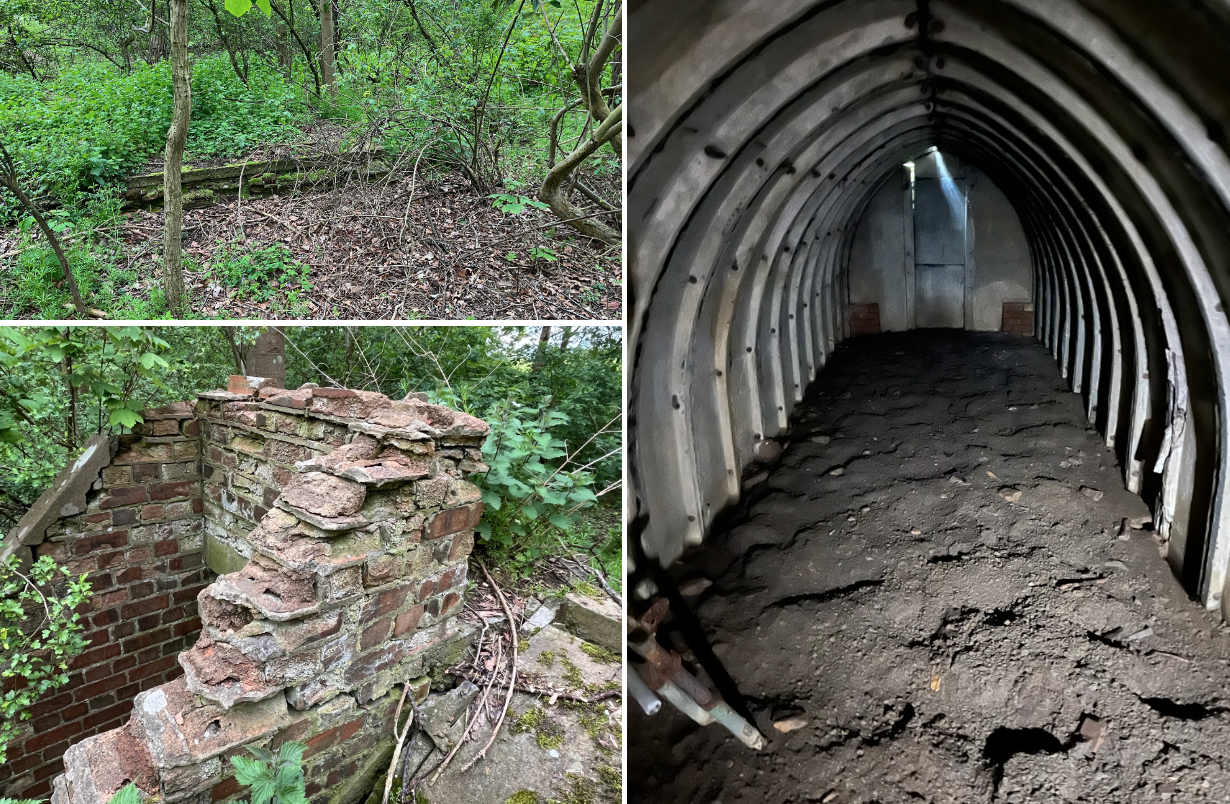 Airborne heritage in Fulbeck. Clockwise from top left: exposed foundations and floor of a Nissen hut; inside of a concrete air raid shelter; and brick-built entrance to air raid shelter