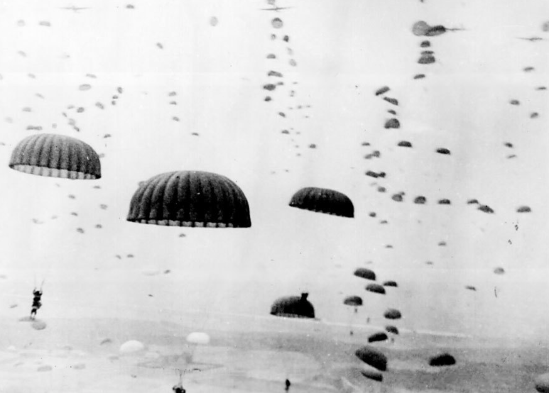 black and white photo of paratroopers descending