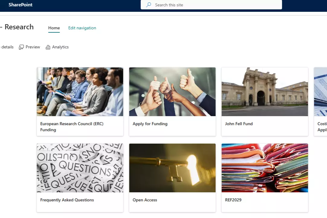 Screenshot of the RS sharepoint